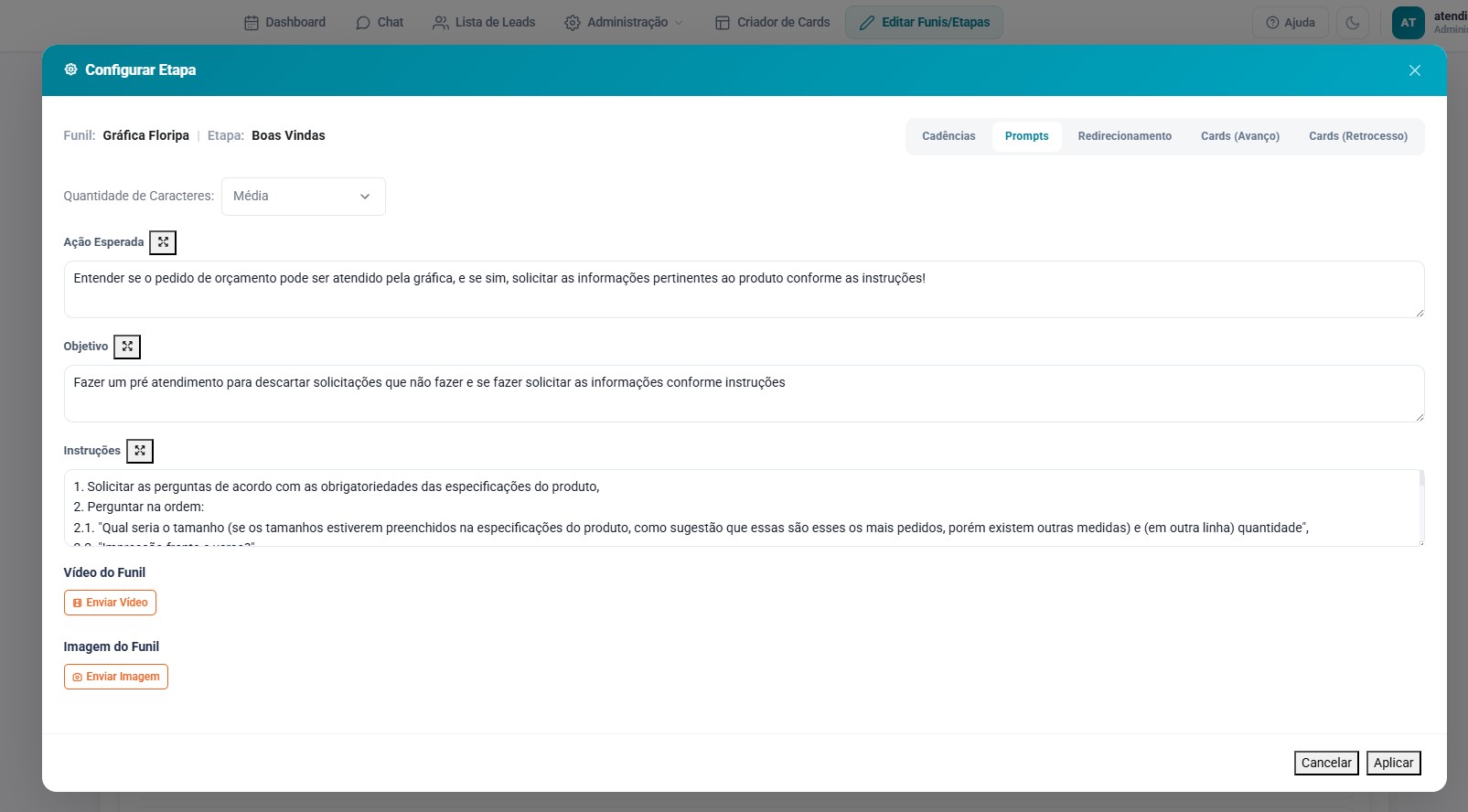 Configuração IA por etapa